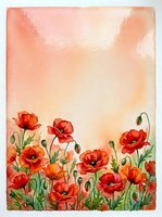 Watercolor painting of red poppies with green stems and buds on warm peach gradient background, botanical floral art for spring summer designs.