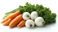 Fresh orange carrots and white onions with green parsley leaves on white background, healthy organic vegetables isolated for food design and packaging.