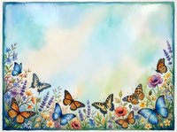 Watercolor floral border with colorful butterflies and wildflowers on soft blue background, copy space for text, greeting card or invitation design.