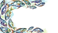 Watercolor fish frame border with colorful marine life swimming in circular pattern on white background for aquatic themed designs and decorations.
