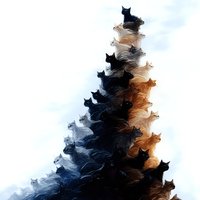 Multiple black and brown cats arranged in triangular formation creating abstract pyramid shape against white background, artistic composition with smoky effect.