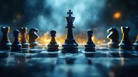 Dramatic chess composition with king piece silhouetted against moody blue and orange background, pawns and knights arranged on reflective board surface for strategic concept.