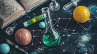 Scientific laboratory glassware with green liquid, planets and constellation patterns on dark background, open notebook with formulas and chemical equations.