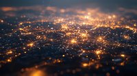 Glowing orange bokeh lights create abstract network pattern against dark background, depth of field effect adds dimensional perspective for technology concepts.