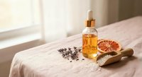 Amber glass dropper bottle with essential oil on linen fabric surrounded by dried lavender, grapefruit slice and wooden spoon in natural sunlight.
