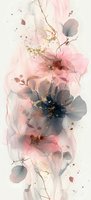 Delicate watercolor floral composition in pink and gray tones with gold splatter accents, featuring translucent petals and flowing organic shapes on light background.