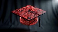Digital graduation cap with red circuit board pattern glowing against dark background. Technology education concept for academic achievement and learning.