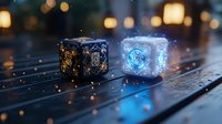 Futuristic glowing cubes with intricate patterns on digital circuit board surface with bokeh lights background for technology and innovation concepts.