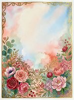 Watercolor floral frame with ornate gold scrollwork border, roses, peonies, and botanical elements on soft pastel background. Isolated design ready for invitations, cards, and stationery projects.