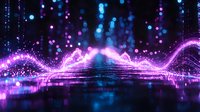 Glowing neon waves with particles and bokeh lights create magical atmosphere on dark background, abstract digital art for modern technology designs.