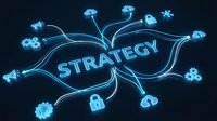 Neon glowing strategy concept with interconnected icons representing business planning, digital transformation, and network connectivity on dark background for corporate presentations.