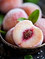 Fresh ripe peaches with fuzzy skin and vibrant pink flesh in rustic bowl, one cut in half showing stone, garnished with green leaves and water drops.