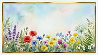 Watercolor wildflower meadow border with poppies, lavender, daisies and herbs on textured paper background for botanical designs and nature projects.