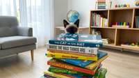 Young tabby cat sitting on stack of colorful children's books in bright classroom or playroom with wooden shelves, globe, armchair and natural window light for educational content.