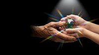 Hands of adult and child holding globe with light rays on black background, symbolizing environmental protection, sustainability, and global responsibility for future generations.