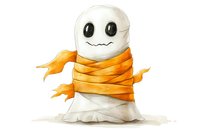Cute cartoon ghost character wrapped in orange scarf, with simple smile and black oval eyes, perfect for Halloween designs and seasonal projects.