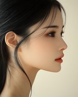 Side profile portrait of young Asian woman with red lips and black hair against light background, showcasing elegant facial features and natural makeup look.
