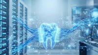 Digital tooth hologram with circuit patterns floating in modern data center server room for dental technology and healthcare innovation concepts.