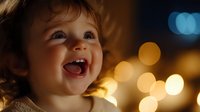 Joyful toddler with bright smile illuminated by warm bokeh lights in background, creating magical atmosphere for childhood memories.