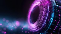 Glowing pink and blue digital tunnel with particle effects and bokeh lights creating futuristic technological abstract background for tech presentations.