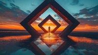 Silhouette of person standing between geometric diamond shapes at beach during dramatic orange sunset, with water reflection creating symmetrical composition.