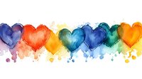 Watercolor rainbow hearts border with paint splashes and drips, colorful romantic pattern on white background. For wedding invitations and valentines designs.