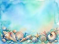 Watercolor seashells and marine treasures border frame with blue ocean waves background for summer beach themed designs and coastal decorations.