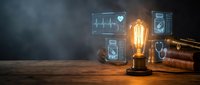 Vintage Edison bulb glowing on wooden desk with holographic medical displays and old books creating atmospheric lighting for healthcare technology concepts.