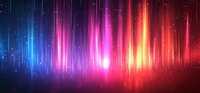 Vibrant aurora-like light streaks in blue, pink, and orange colors against dark background with glowing particles create atmospheric abstract panoramic backdrop.