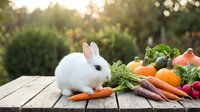 White rabbit sitting beside fresh organic vegetables on wooden table with garden background during golden hour sunset.