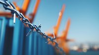 Macro shot of barbed wire fence against blurred industrial cranes in orange and blue tones, creating contrast between sharp metal and soft background bokeh effect.