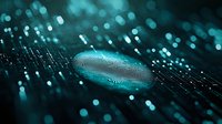 Glowing digital mesh sphere floating in dark space with scattered light particles and bokeh effects in turquoise blue tones, futuristic technology concept.