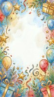 Watercolor celebration border with balloons, stars, gift boxes, and confetti on white background, ideal for party invitations, greeting cards, and festive event designs.