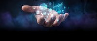 Businessman's hand holding glowing digital hologram with financial charts and data analytics for business growth, investment, and technology concepts.