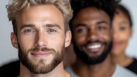 Diverse group of young professionals smiling at camera, showing genuine happiness and teamwork in modern office setting. Focus on multicultural workplace diversity.