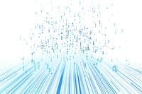 Digital data streams with binary code particles flowing upward on light blue background, abstract technology concept for big data analytics.