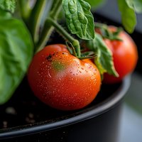Fresh ripe tomatoes with water drops and green leaves in black pot, macro photography with selective focus for food and gardening concepts.