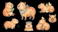 Capybara isolated on transparent background, ready for t-shirt design, clipart, stickers, sublimation and print-on-demand products. Multiple poses and expressions included.