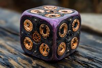 Purple and copper steampunk gaming dice with mechanical gears and intricate details on weathered wood surface, macro photography showing texture and design.