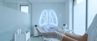 Medical professional displaying holographic lung anatomy in modern healthcare facility for respiratory system education and diagnosis.