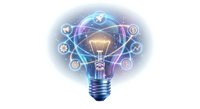 Glowing light bulb with digital network connections and technology icons representing innovation, creativity, and smart solutions for business growth.