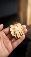 Golden wooden family figures glowing with magical sparkles in cupped hands representing unity, care, protection and human resources management concepts.