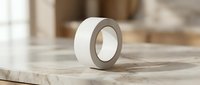 White adhesive tape roll on wooden surface in bright natural lighting for packaging and crafts projects.