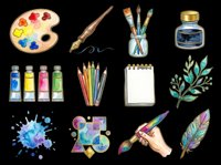 Artist supplies collection with paintbrush, watercolor palette, ink bottle, paint tubes, colored pencils, sketchpad, and decorative botanical elements isolated on transparent background for design projects.