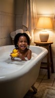 Happy African American toddler girl laughing while playing with rubber duck in bubble bath at home. Warm bathroom lighting creates cozy evening routine atmosphere.