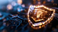 Glowing shield with light bulb icon on circuit board background represents cybersecurity and innovation protection concept in golden and blue tones.