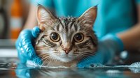 Close up portrait of gray tabby cat with big eyes during veterinary examination or grooming procedure, wearing protective blue gloves.