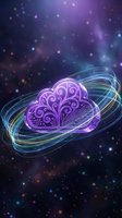 Digital cloud computing concept with glowing purple brain circuits surrounded by colorful light streams on cosmic background for technology presentations.