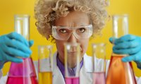 Quirky female scientist with curly blonde hair and safety goggles holding colorful laboratory flasks against yellow background, expressing curiosity and determination.