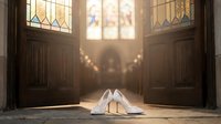 White bridal shoes on wooden floor in sunlit church with stained glass windows and warm golden light streaming through gothic architecture for wedding ceremony.